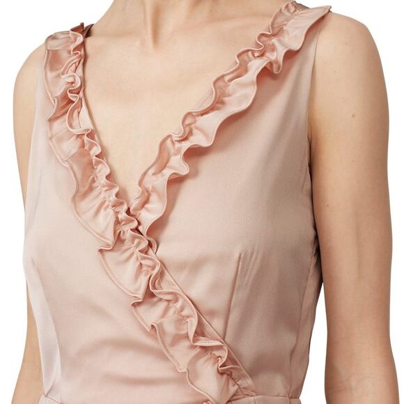 GREAT JONES Ruffle Hourglass Dress Pink Satin Pleated Midi V-Neck Size 6 - Picture 2 of 9